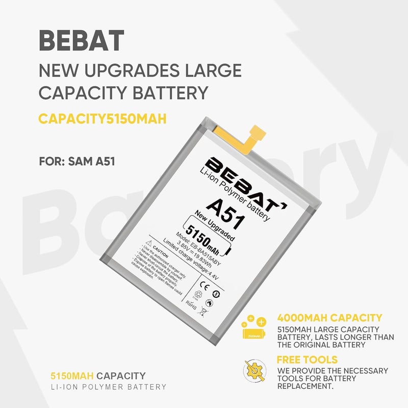 BEBAT Replacement Battery for Samsung Galaxy A51,5150mAh High Capacity 0 Cycle Lithium Polymer Battery for Samsung Galaxy A51 SM-A515F SM-A515F/DS with Tool Kits,EB-BA515ABY - Image 4